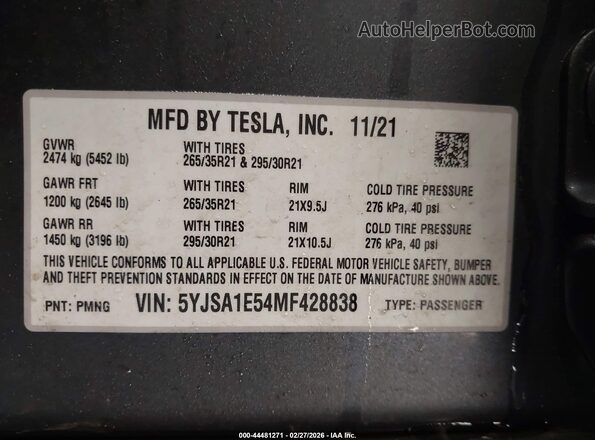 5YJSA1E54MF428838 2021 TESLA MODEL S Серый Вид подкапотного пространства