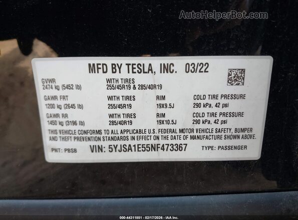 5YJSA1E55NF473367 2022 TESLA MODEL S Черный Вид подкапотного пространства