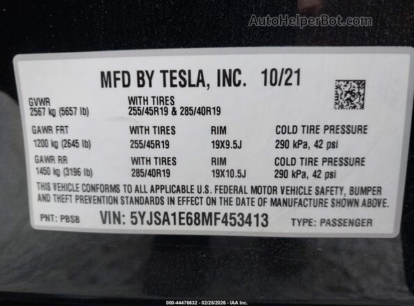 5YJSA1E68MF453413 2021 TESLA MODEL S Черный Вид подкапотного пространства