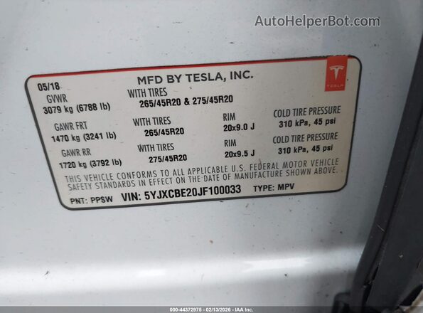 5YJXCBE20JF100033 2018 TESLA MODEL X Белый Вид подкапотного пространства