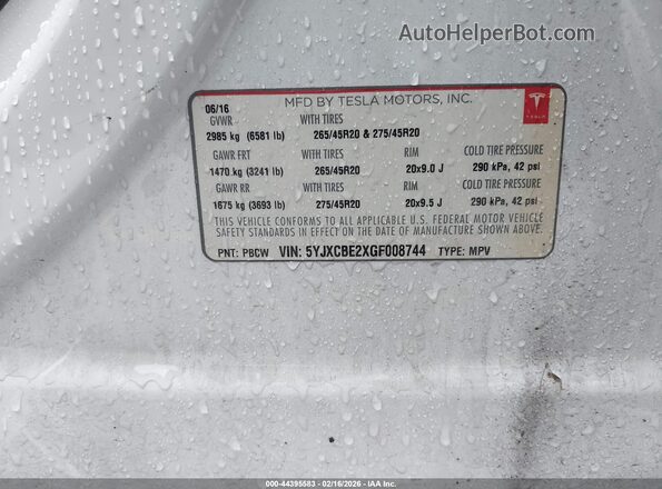 5YJXCBE2XGF008744 2016 TESLA MODEL X Белый Вид подкапотного пространства