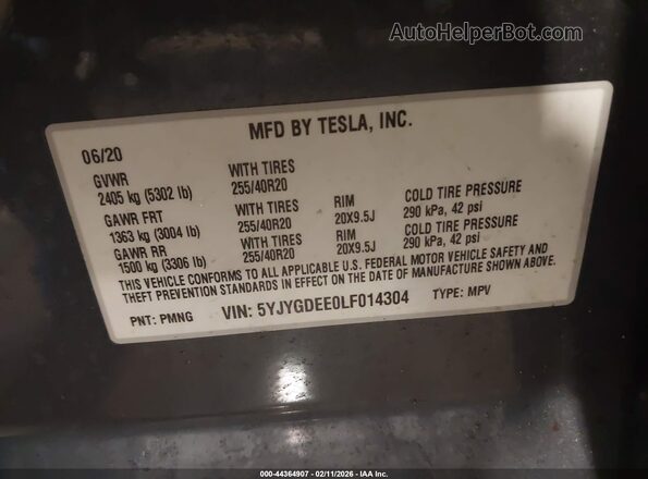 5YJYGDEE0LF014304 2020 TESLA MODEL Y Серый Вид подкапотного пространства
