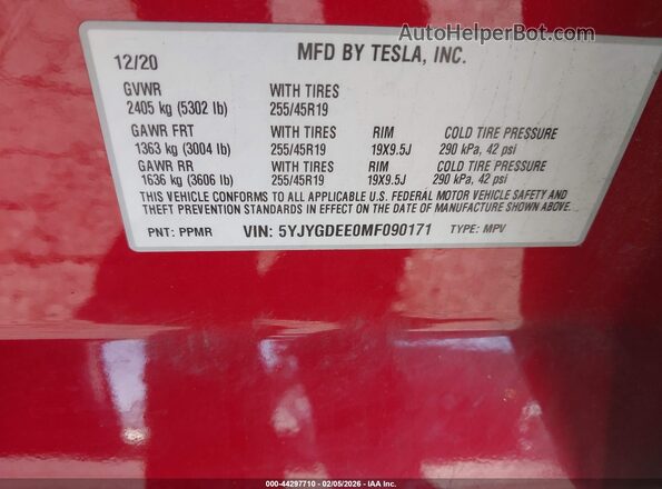 5YJYGDEE0MF090171 2021 TESLA MODEL Y Red Вид підкапотного простору