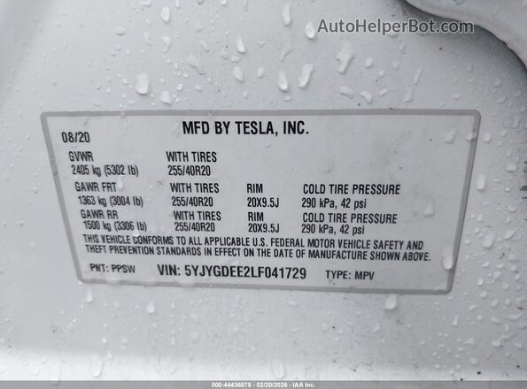 5YJYGDEE2LF041729 2020 TESLA MODEL Y White Շարժիչի բաժամունքի տեսք
