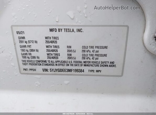 5YJYGDEE3MF199384 2021 TESLA MODEL Y White Вид підкапотного простору