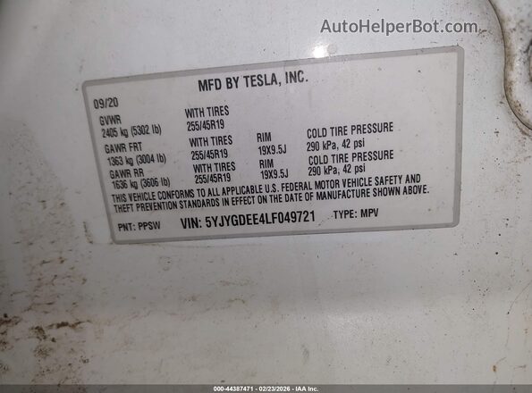 5YJYGDEE4LF049721 2020 TESLA MODEL Y Белый Вид наклейки с VIN-кодом