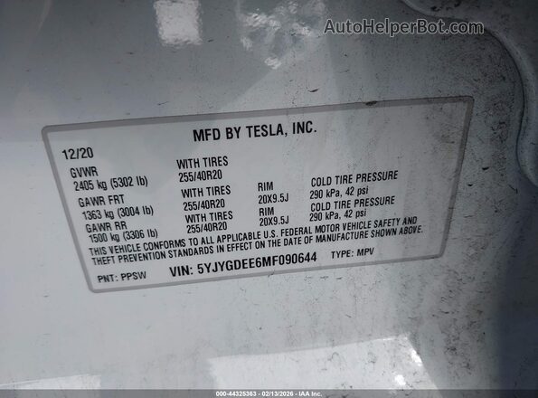 5YJYGDEE6MF090644 2021 TESLA MODEL Y White Вид підкапотного простору