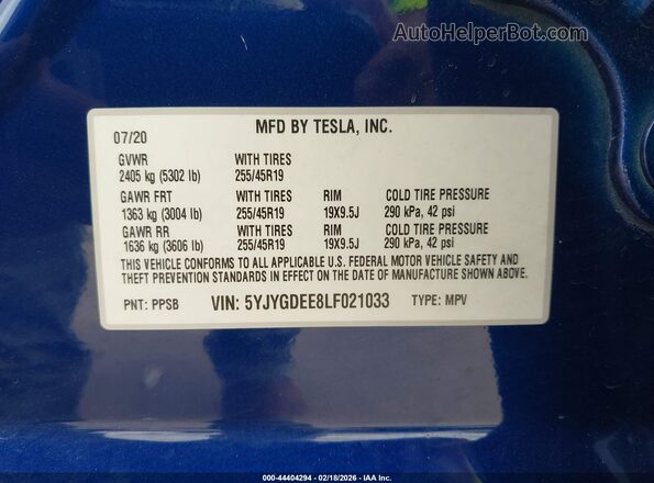 5YJYGDEE8LF021033 2020 TESLA MODEL Y Синий Вид подкапотного пространства