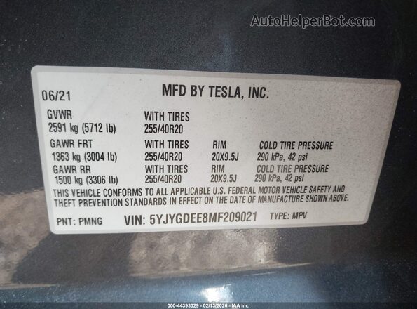 5YJYGDEE8MF209021 2021 TESLA MODEL Y Gray Engine compartment view