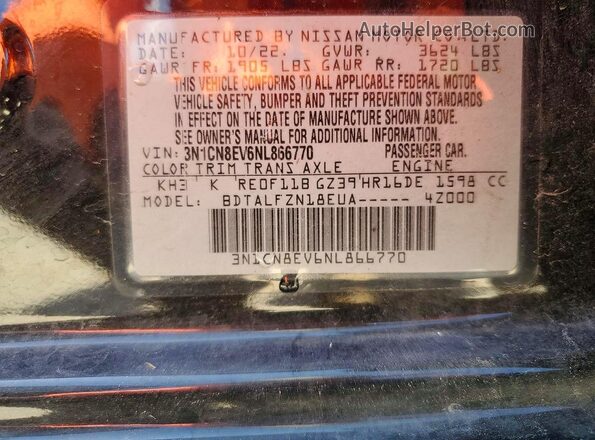 3N1CN8EV6NL866770 2022 NISSAN VERSA Black Vista de la etiqueta del VIN