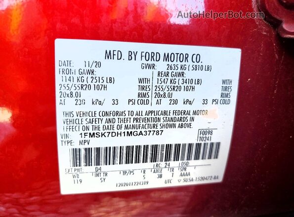 1FMSK7DH1MGA37787 2021 FORD FORD EXPLORER Red სალონის 360-გრადუსიანი ხედი