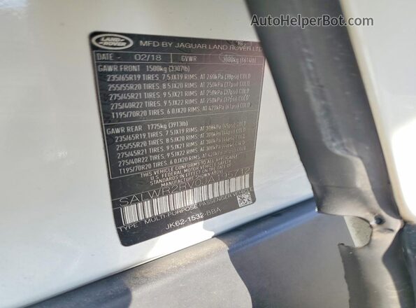 SALWR2RV0JA195712 2018 LAND ROVER RANGE ROVER Белый Вид наклейки с VIN-кодом