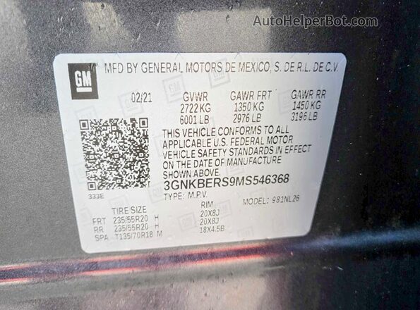 3GNKBERS9MS546368 2021 CHEVROLET BLAZER Угольный Вид задней части салона