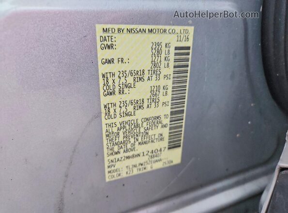 5N1AZ2MH8HN124047 2017 NISSAN MURANO Silver Widok naklejki z numerem VIN