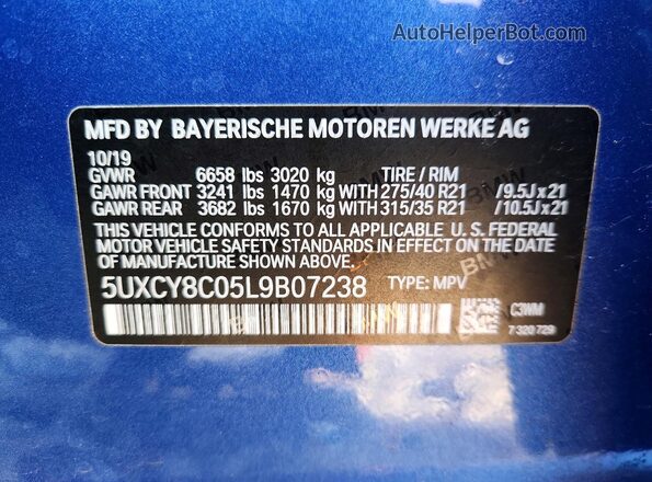 5UXCY8C05L9B07238 2020 BMW X6 Blue Widok wnętrza 360 stopni