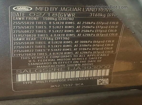 SALGS2RE1JA393000 2018 LAND ROVER RANGE ROVER Black 