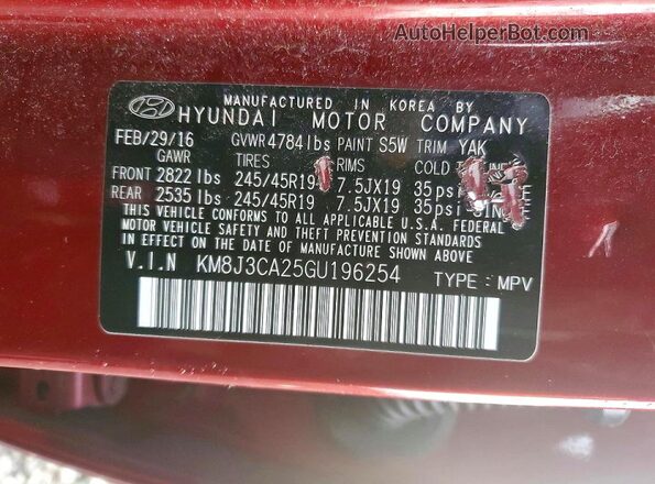 KM8J3CA25GU196254 2016 HYUNDAI TUCSON Red Widok wnętrza 360 stopni