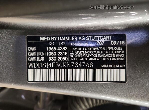 WDDSJ4EB0KN734768 2019 MERCEDES-BENZ CLA-CLASS Gray VIN კოდის სტიკერის ხედი