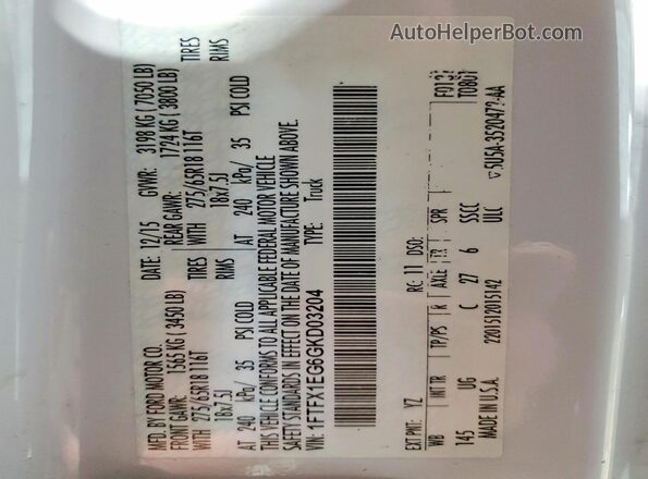 1FTFX1EG6GKD03204 2016 FORD F150 White Widok naklejki z numerem VIN