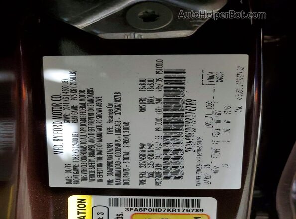3FA6P0HD7KR176789 2019 FORD FUSION Коричневый Вид наклейки с VIN-кодом