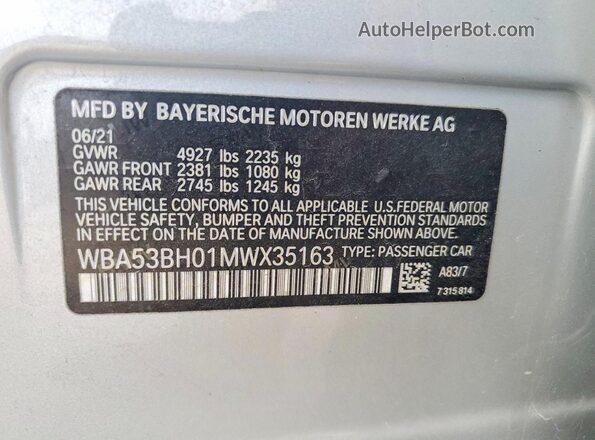 WBA53BH01MWX35163 2021 BMW OTHER Серебряный Вид наклейки с VIN-кодом