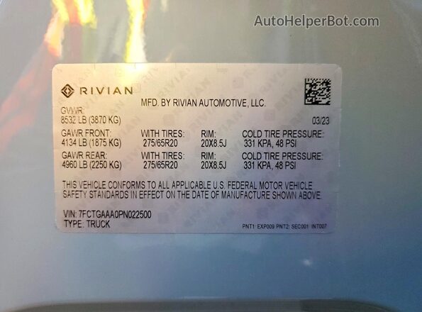7FCTGAAA0PN022500 2023 RIVIAN RIT Gray Вид наклейки з VIN-кодом