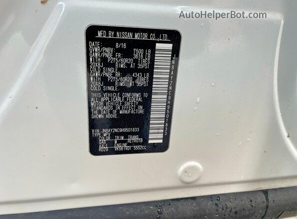 JN8AY2NC9H9501833 2017 NISSAN ARMADA White Вид задньої частини салону