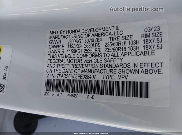 7FARS6H58PE028407 2023 HONDA CR-V HYBRID White Вид підкапотного простору