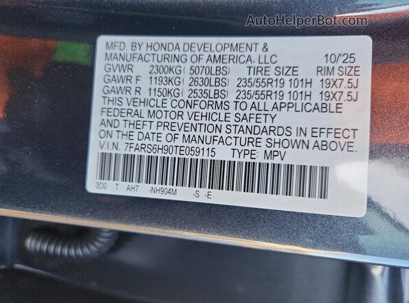 7FARS6H90TE059115 2026 HONDA CR-V Charcoal Widok naklejki z numerem VIN