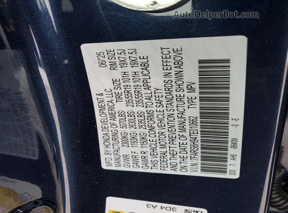 7FARS6H94TE010662 2026 HONDA CR-V Blue Vista de la etiqueta del VIN