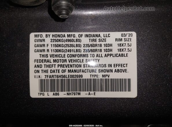 7FART6H56LE002699 2020 HONDA CR-V HYBRID Gray Вид підкапотного простору