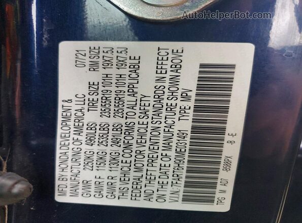 7FART6H90ME031491 2021 HONDA CR-V Blue Widok naklejki z numerem VIN