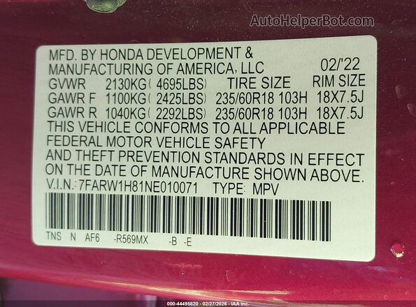 7FARW1H81NE010071 2022 HONDA CR-V Бордовый Вид подкапотного пространства