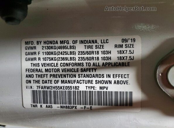 7FARW2H55KE055182 2019 HONDA CR-V White Widok komory silnika
