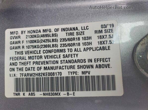 7FARW2H82KE008170 2019 HONDA CR-V Silver Vista interior de 360 grados