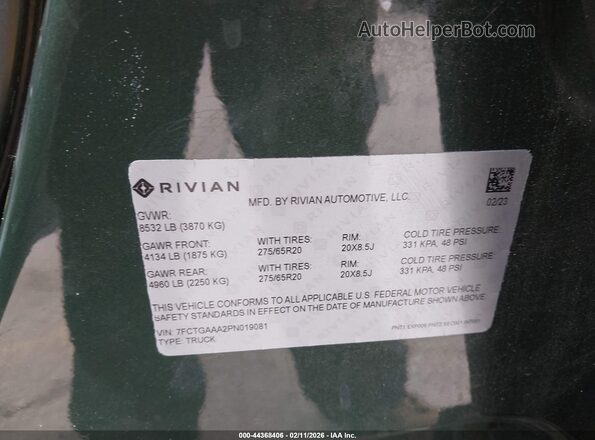 7FCTGAAA2PN019081 2023 RIVIAN R1T Green Շարժիչի բաժամունքի տեսք