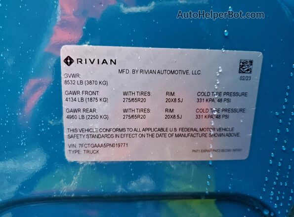 7FCTGAAA5PN019771 2023 RIVIAN R1T Blue VIN კოდის სტიკერის ხედი