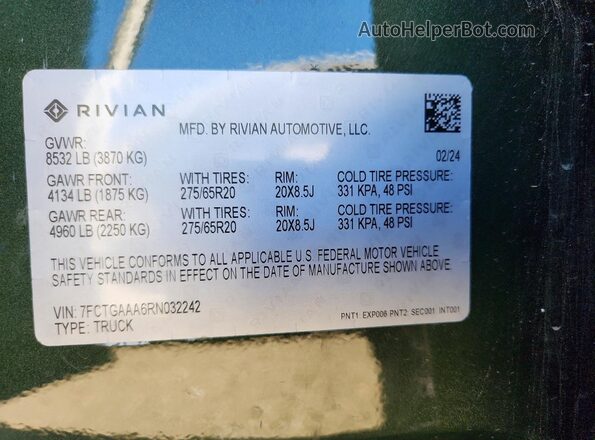 7FCTGAAA6RN032242 2024 RIVIAN R1T Green VIN sticker view