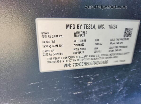 7G2CEHED6RA040486 2024 TESLA CYBERTRUCK Серебряный Вид наклейки с VIN-кодом
