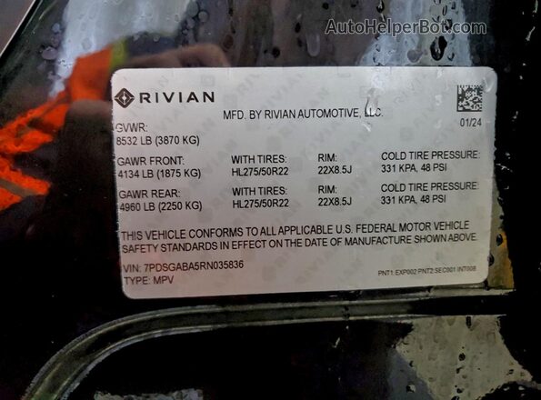 7PDSGABA5RN035836 2024 RIVIAN R1S Черный Вид наклейки с VIN-кодом