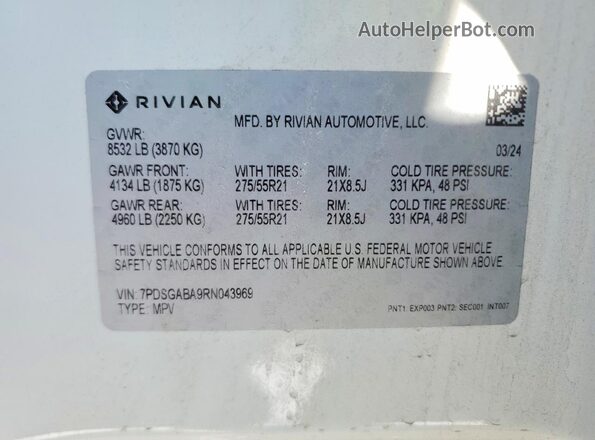 7PDSGABA9RN043969 2024 RIVIAN R1S White Widok naklejki z numerem VIN