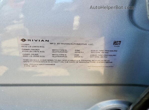 7PDSGCBA3TN084858 2026 RIVIAN R1S Белый Панорамный вид салона 360°