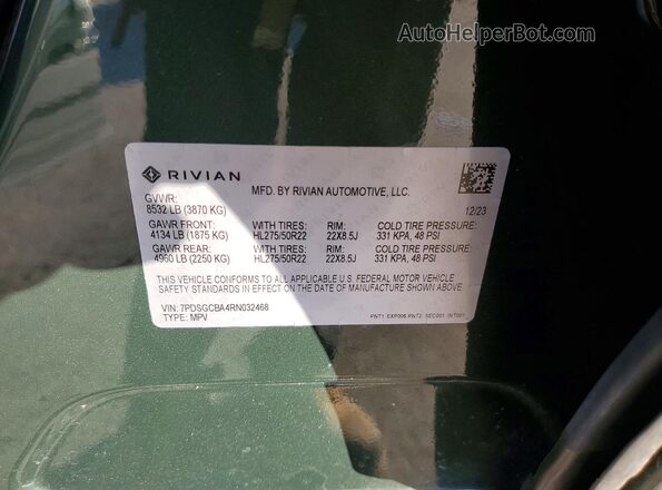7PDSGCBA4RN032468 2024 RIVIAN R1S Green VIN კოდის სტიკერის ხედი