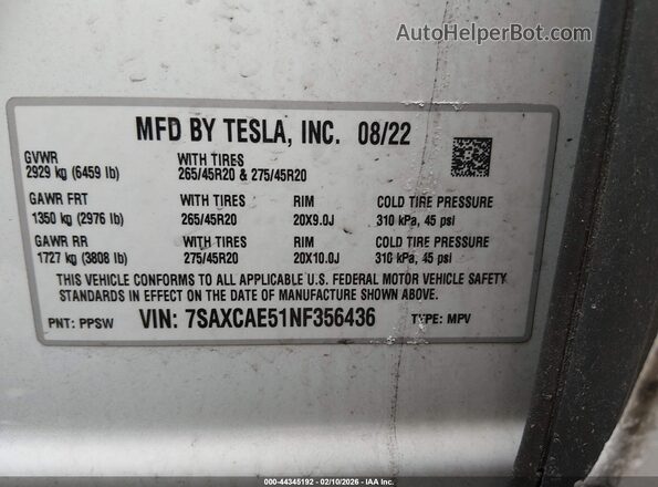 7SAXCAE51NF356436 2022 TESLA MODEL X Белый Вид подкапотного пространства