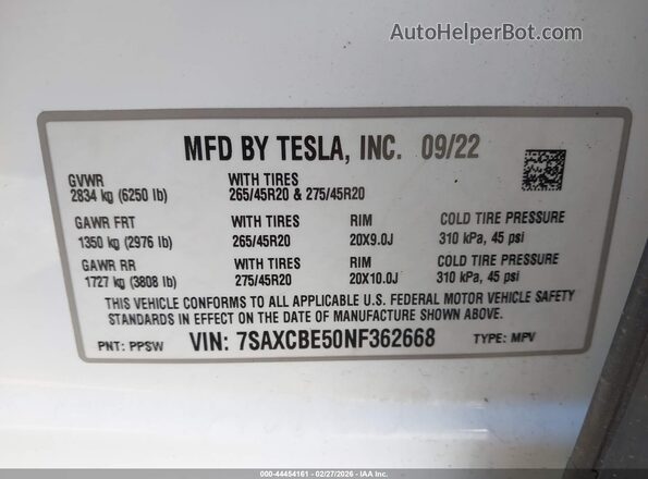 7SAXCBE50NF362668 2022 TESLA MODEL X Белый Вид подкапотного пространства