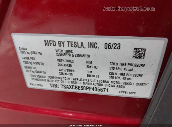 7SAXCBE50PF405571 2023 TESLA MODEL X Red Widok komory silnika