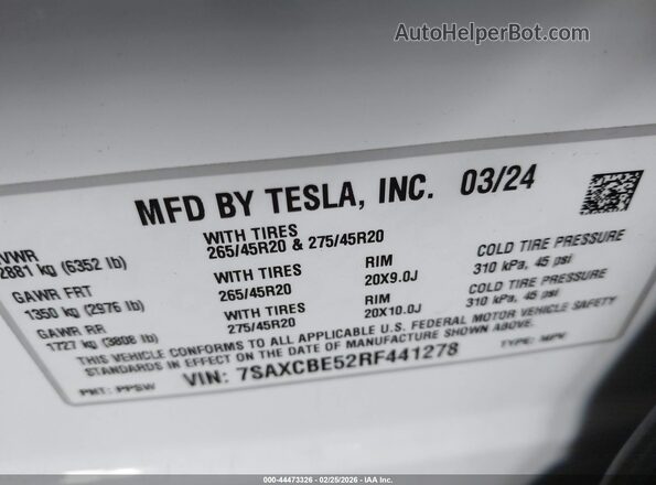 7SAXCBE52RF441278 2024 TESLA MODEL X White Vista del compartimento del motor