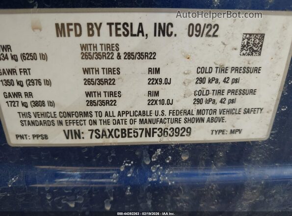 7SAXCBE57NF363929 2022 TESLA MODEL X Синий Вид подкапотного пространства