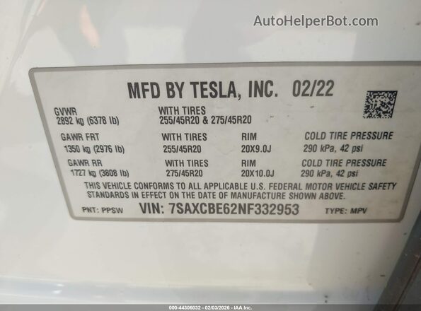 7SAXCBE62NF332953 2022 TESLA MODEL X Белый Вид подкапотного пространства