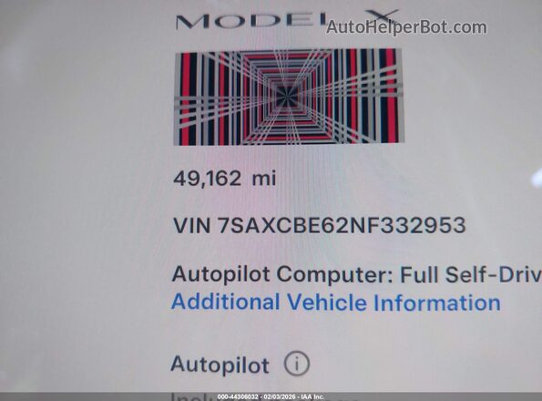 7SAXCBE62NF332953 2022 TESLA MODEL X Белый Панорамный вид салона 360°